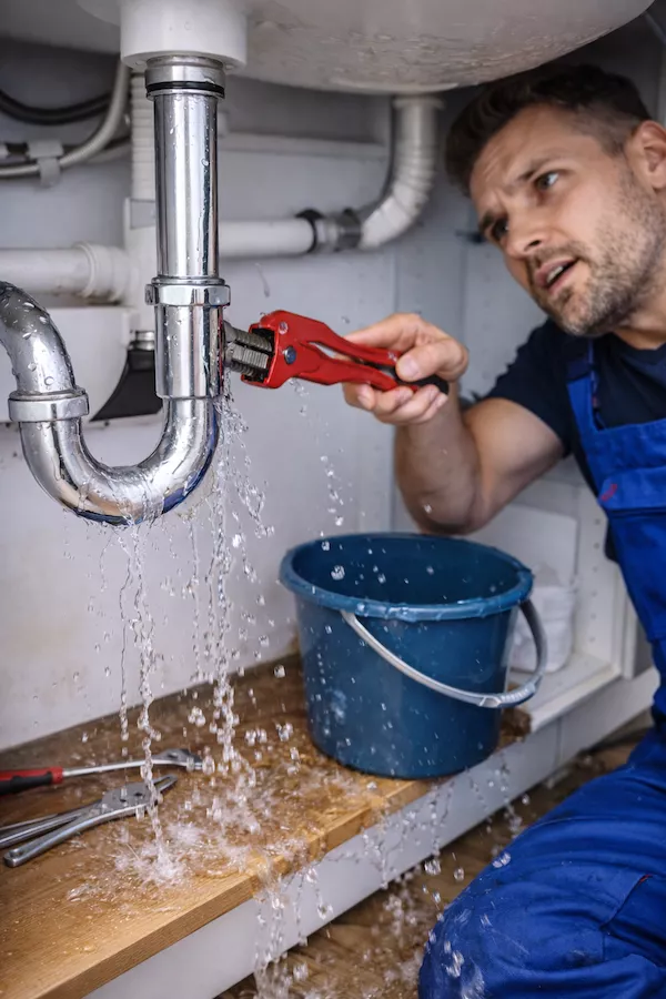 VVS-problem i hem med läckande rör och vatten – rörmokare arbetar under diskbänk medan vattnet sprutar från koppling.